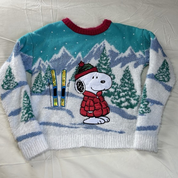 Peanuts Snoopy Ski Sweater Women's Small  Red Holiday Christmas Pullover - Picture 2 of 8